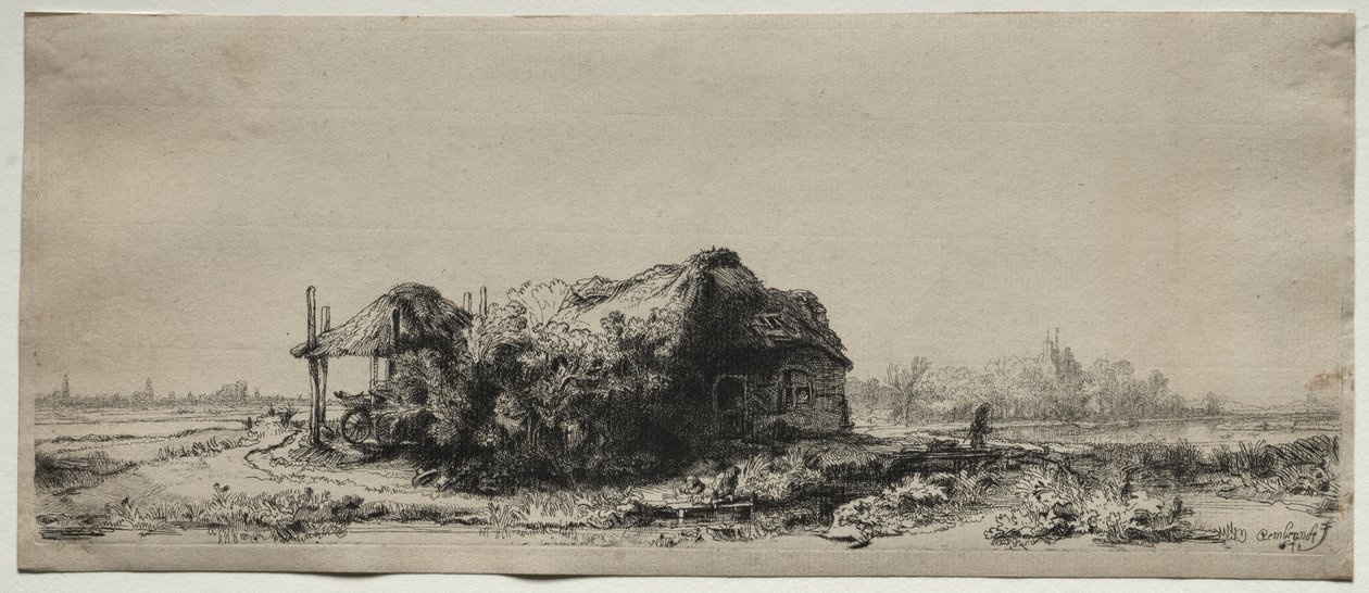 Paisagem com uma casa de campo e Hay Barn: Oblong, 1641. de Rembrandt van Rijn