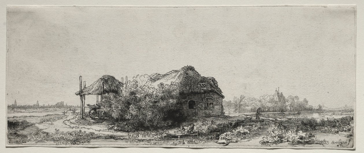 Paisagem com uma casa de campo e Hay Barn: Oblong, 1641. de Rembrandt van Rijn