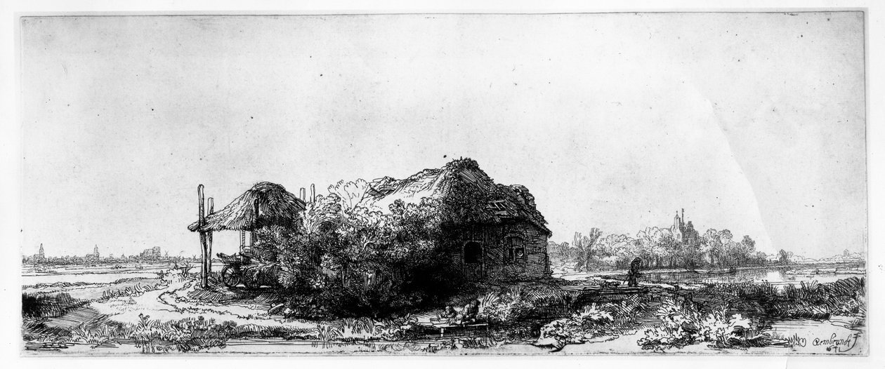 Paisagem com uma casa de campo e Haybarn, gravada por James Bretherton de Rembrandt van Rijn
