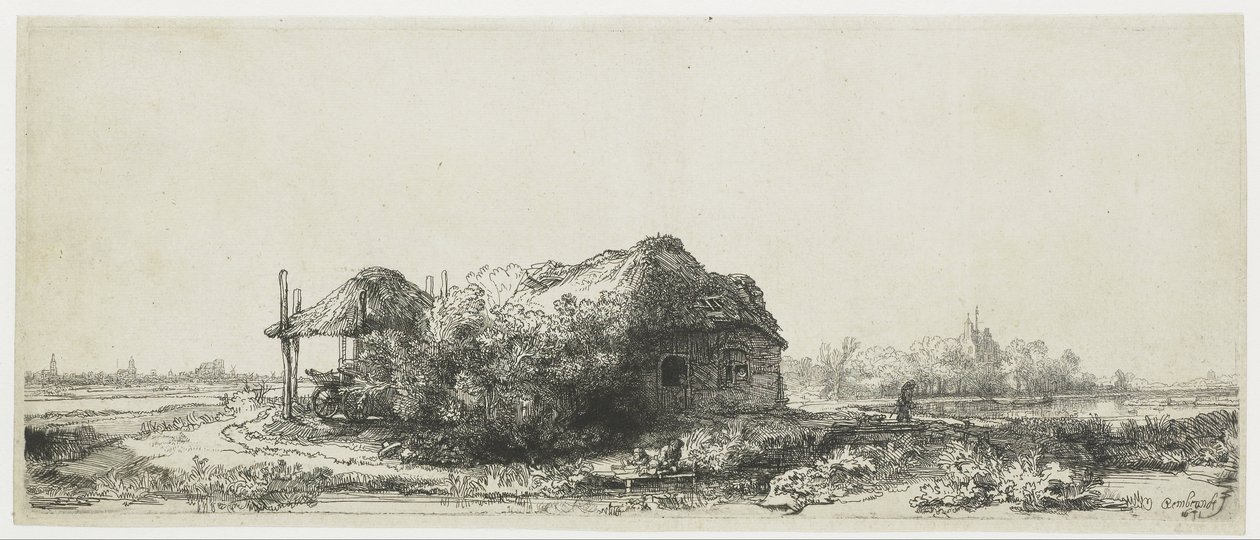 Paisagem com uma casa de campo e um celeiro de feno Paisagem com chalés e um celeiro de feno: oblongo de Rembrandt van Rijn