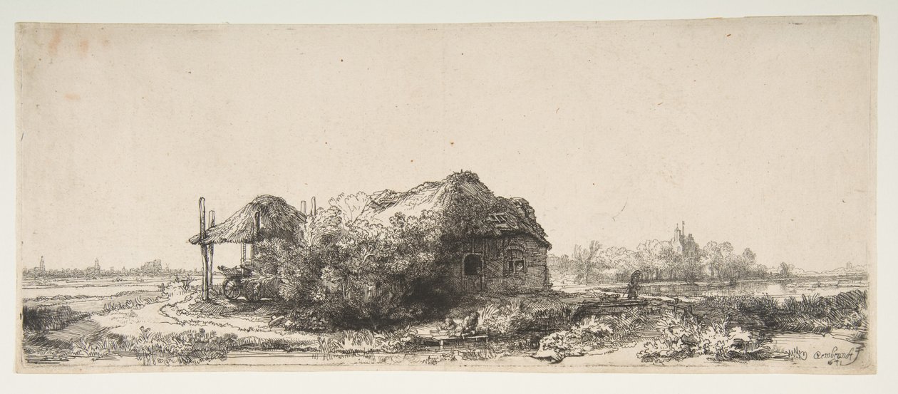 Paisagem com uma casa de campo e um celeiro, 1641. de Rembrandt van Rijn