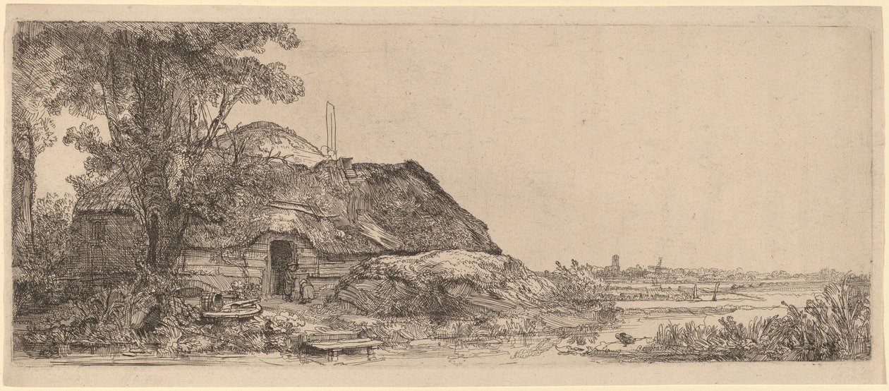 Paisagem com uma casa de campo e uma grande árvore de Rembrandt van Rijn