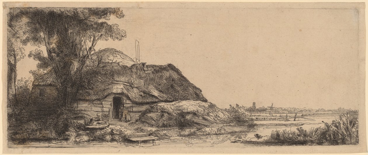 Paisagem com uma casa de campo e uma grande árvore de Rembrandt van Rijn