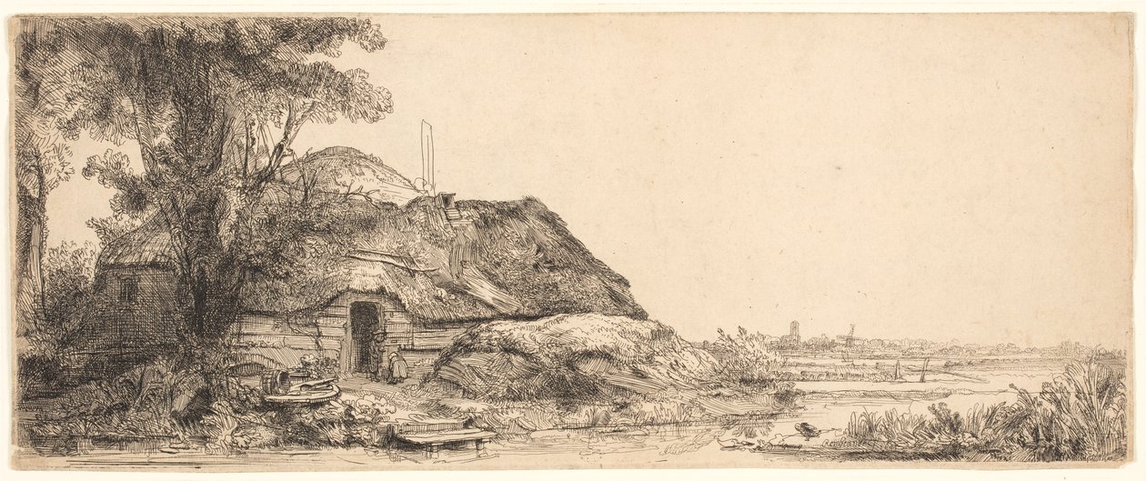 Paisagem com uma casa de campo e uma grande árvore de Rembrandt van Rijn