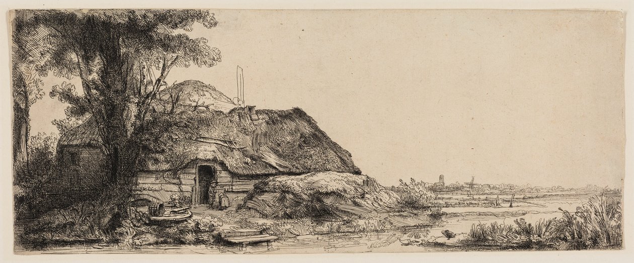 Paisagem com uma casa de campo e uma grande árvore de Rembrandt van Rijn