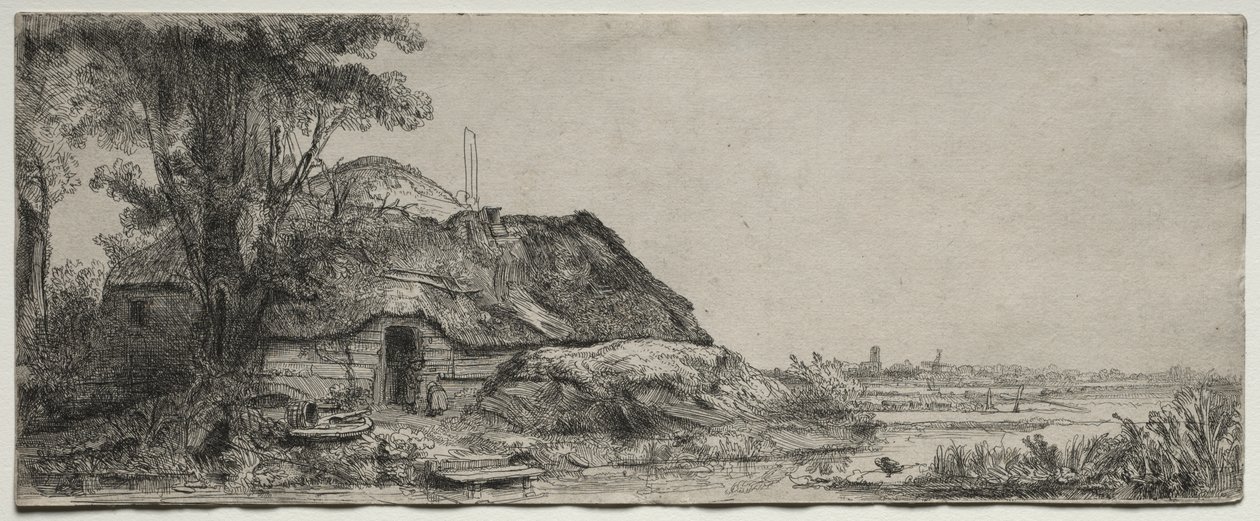 Paisagem com uma casa de campo e uma grande árvore de Rembrandt van Rijn