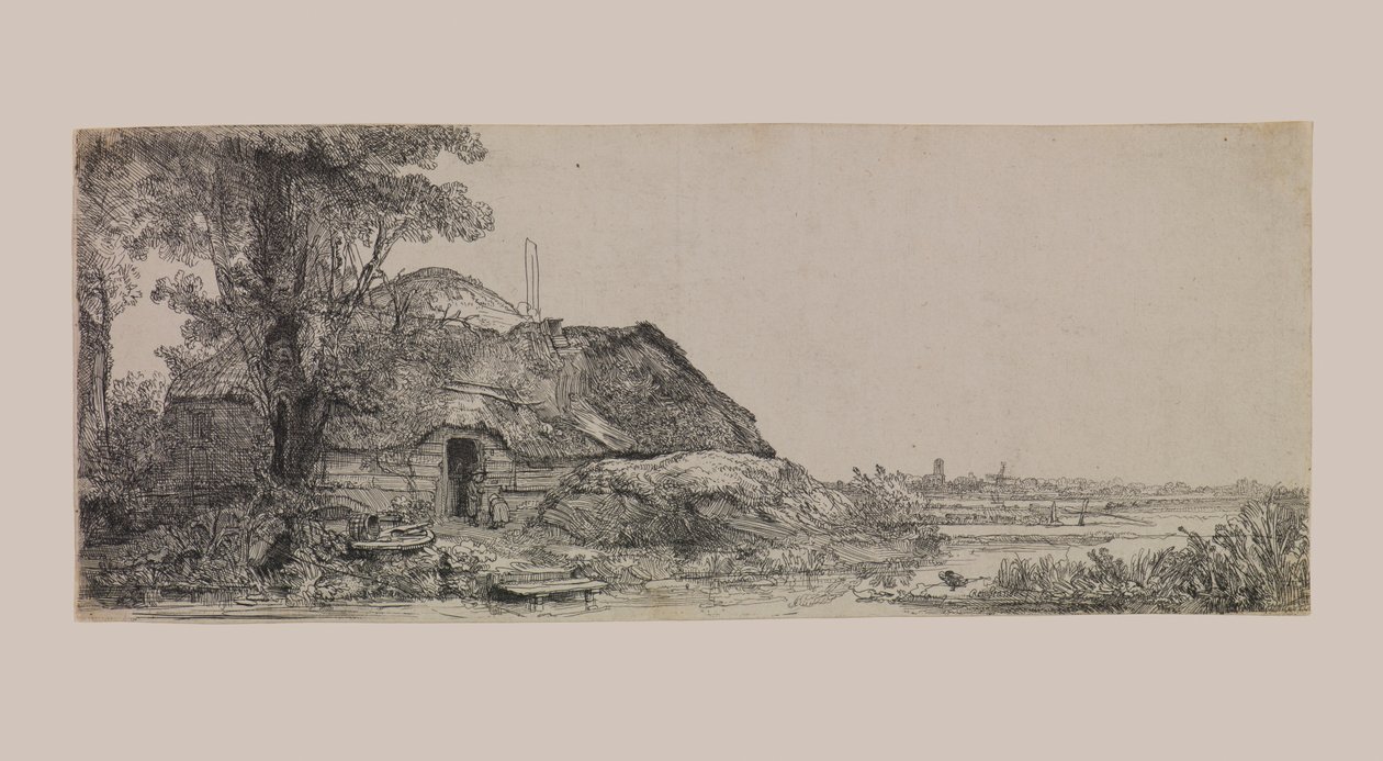 Paisagem com uma casa de campo e uma grande árvore de Rembrandt van Rijn