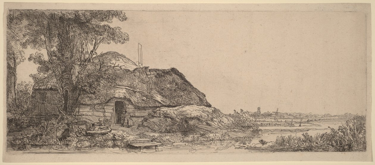 Paisagem com uma cabana e uma árvore grande de Rembrandt van Rijn