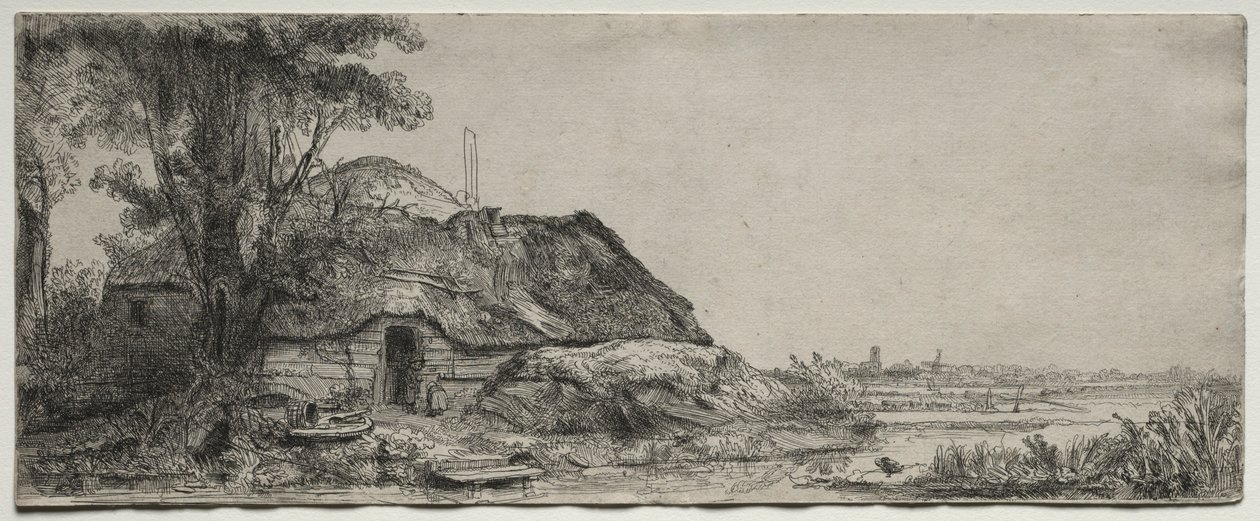 Paisagem com uma casa de campo e uma grande árvore, 1641. de Rembrandt van Rijn
