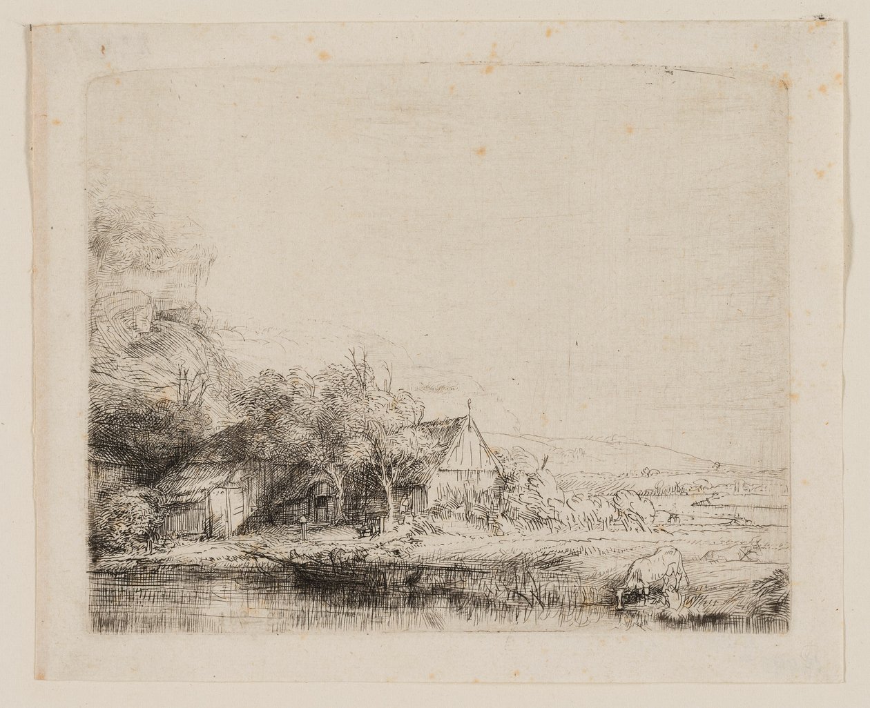 Paisagem com uma vaca bebendo de Rembrandt van Rijn