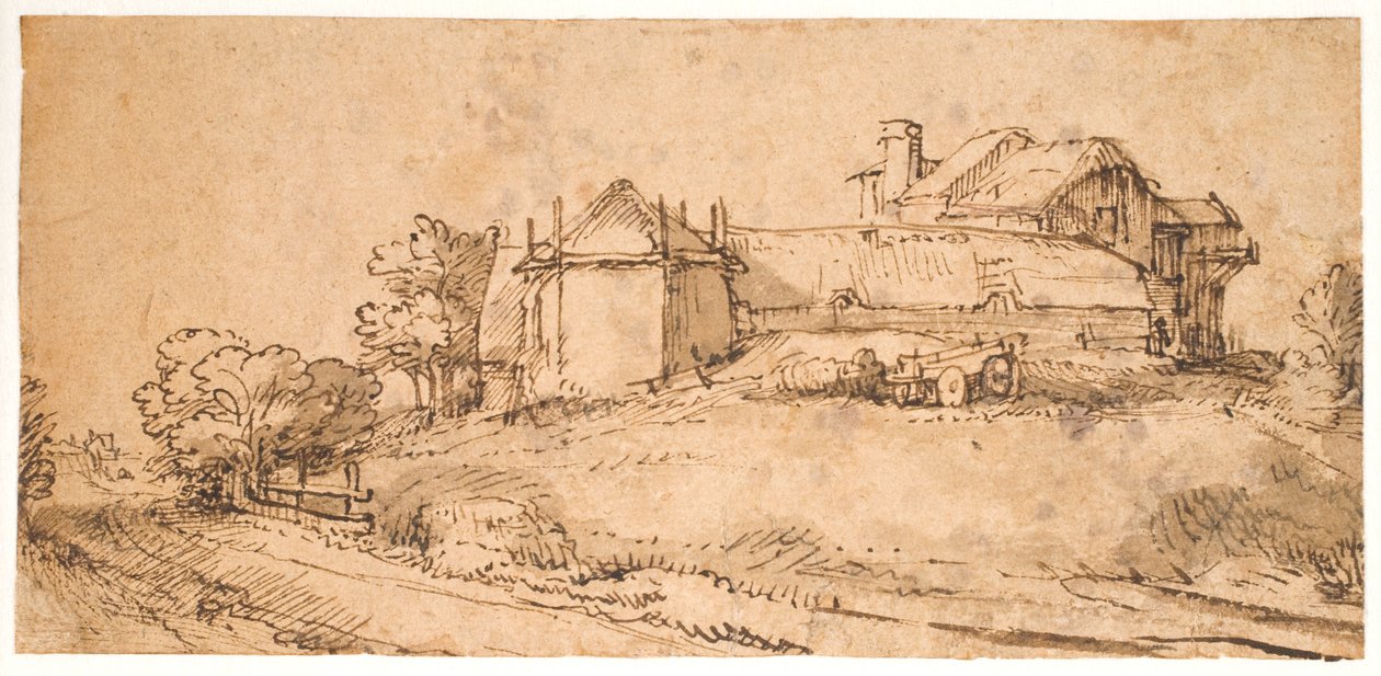 Paisagem com uma casa de fazenda e um celeiro de feno de Rembrandt van Rijn