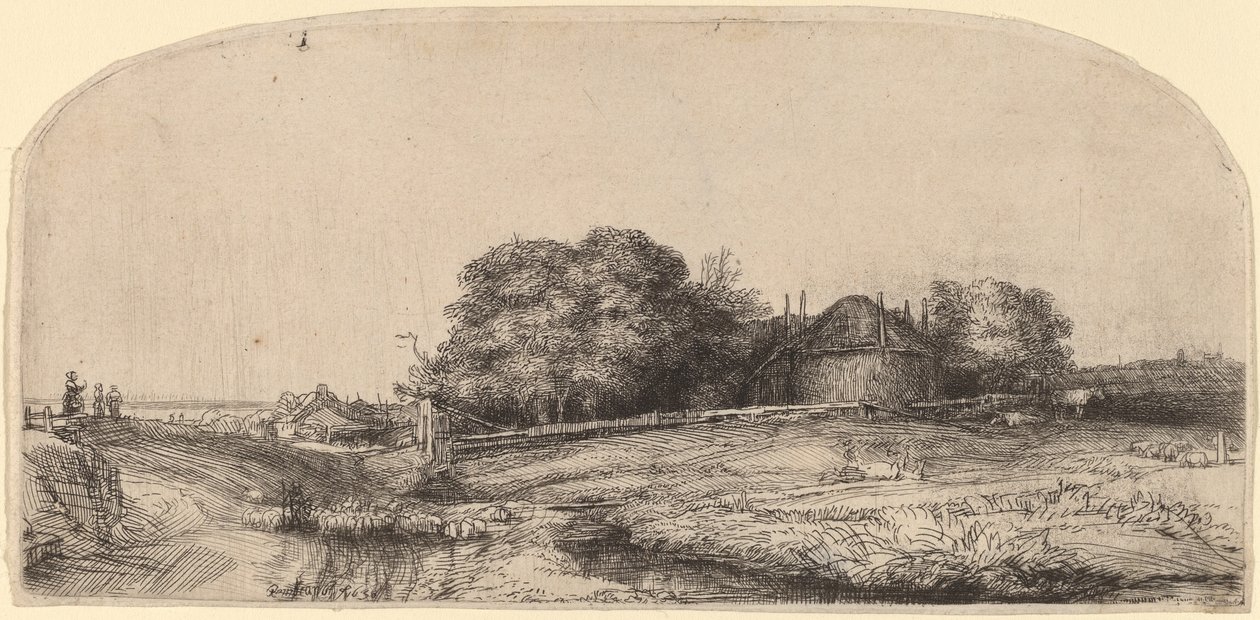 Paisagem com um celeiro de feno e um rebanho de ovelhas de Rembrandt van Rijn