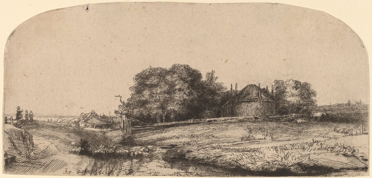 Paisagem com um celeiro de feno e um rebanho de ovelhas de Rembrandt van Rijn