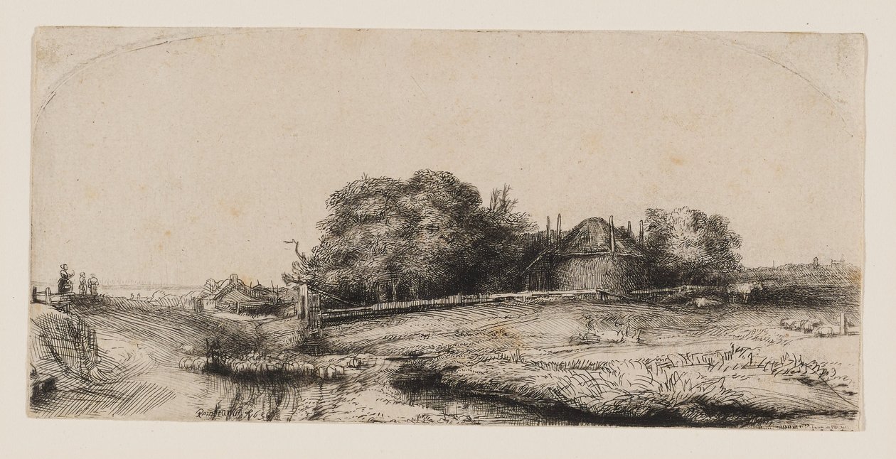 Paisagem com um celeiro de feno e um rebanho de ovelhas de Rembrandt van Rijn