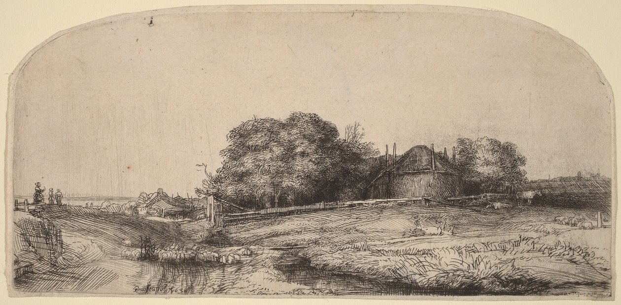 Paisagem com um celeiro de feno e um rebanho de ovelhas de Rembrandt van Rijn