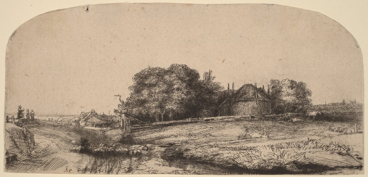 Paisagem com um celeiro de feno e um rebanho de ovelhas de Rembrandt van Rijn