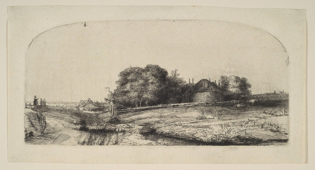 Paisagem com Hay Barn e um rebanho de ovelhas, 1652. de Rembrandt van Rijn