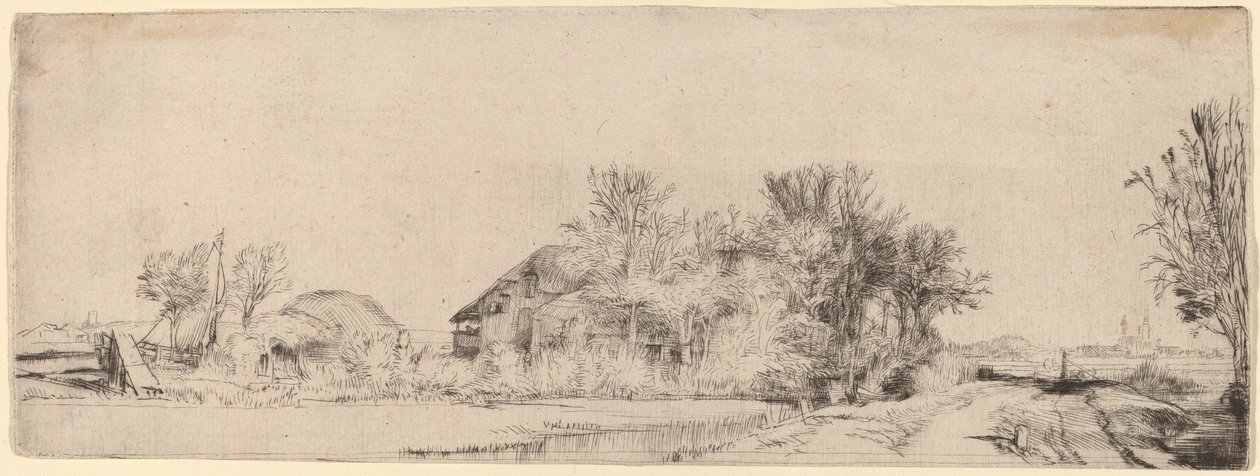 Paisagem com uma estrada ao lado de um canal de Rembrandt van Rijn