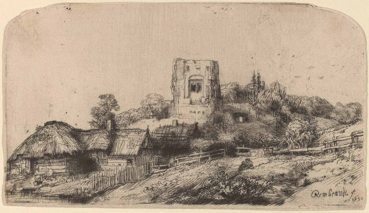 Paisagem com uma torre quadrada de Rembrandt van Rijn