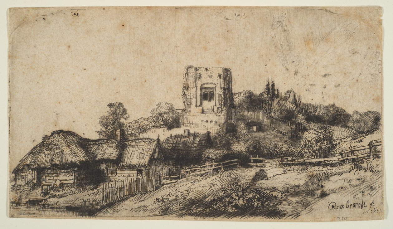 Paisagem com uma torre quadrada, 1650. de Rembrandt van Rijn