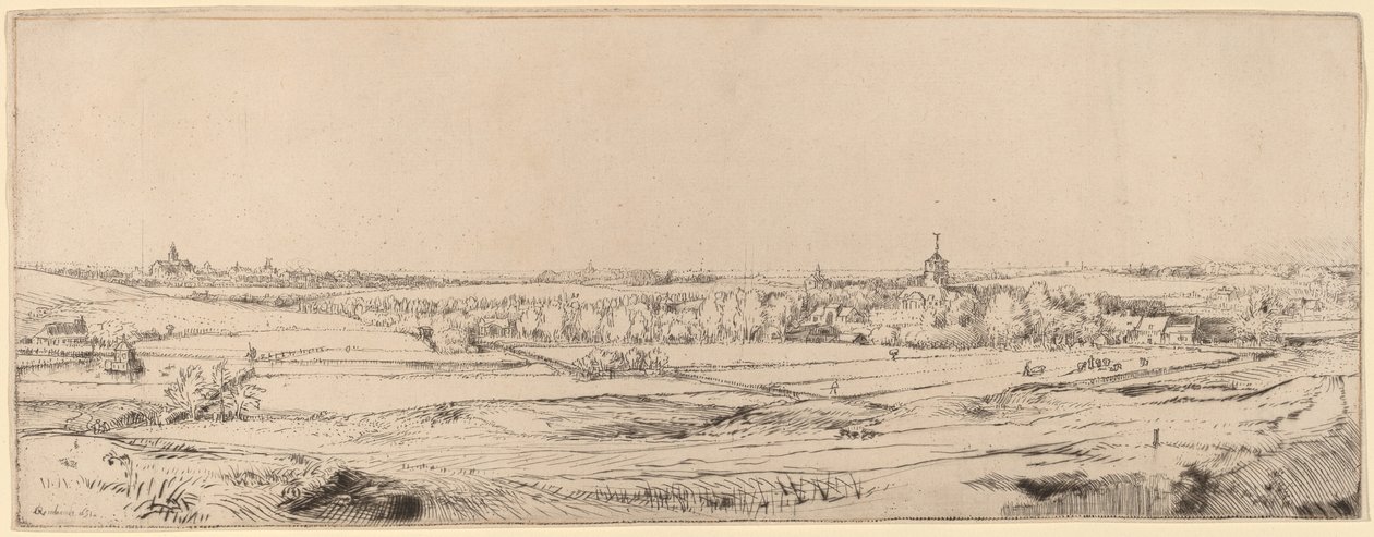 Paisagem com vista para Haarlem (Campo do Goldweigher) de Rembrandt van Rijn