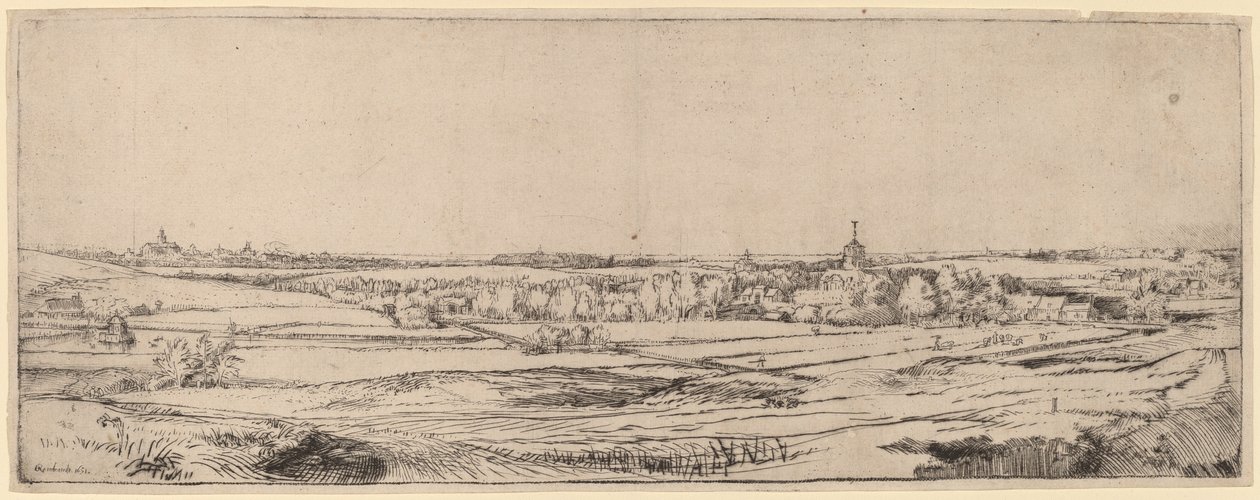 Paisagem com vista para Haarlem (Campo do Goldweigher) de Rembrandt van Rijn