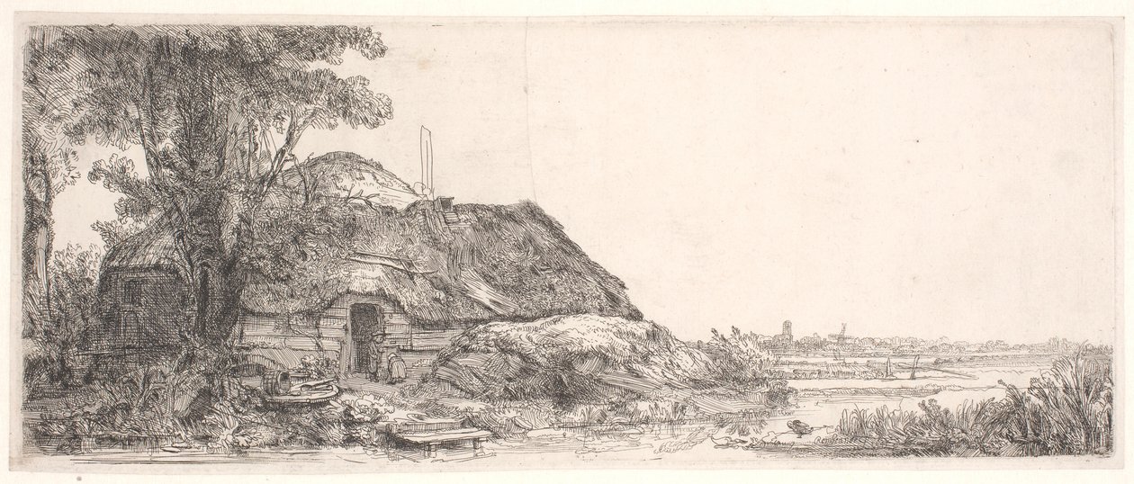Paisagem com uma casa de campo e uma grande árvore de Rembrandt van Rijn