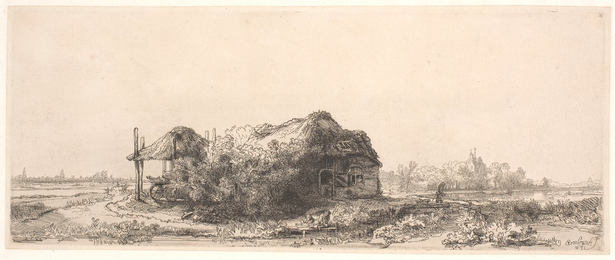 Paisagem com uma cabana e um celeiro de feno: retangular de Rembrandt van Rijn