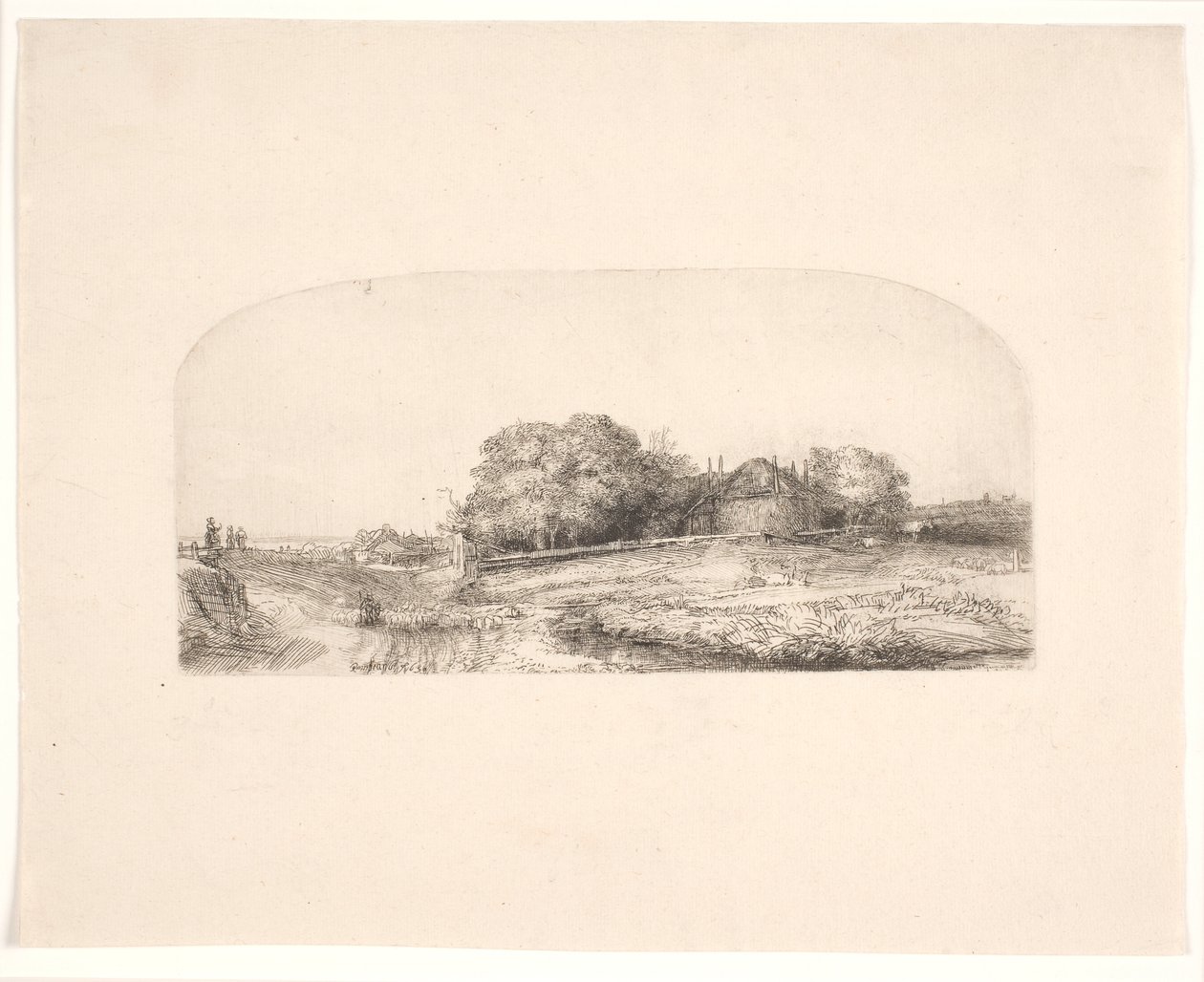 Paisagem com um celeiro de feno e um rebanho de ovelhas de Rembrandt van Rijn