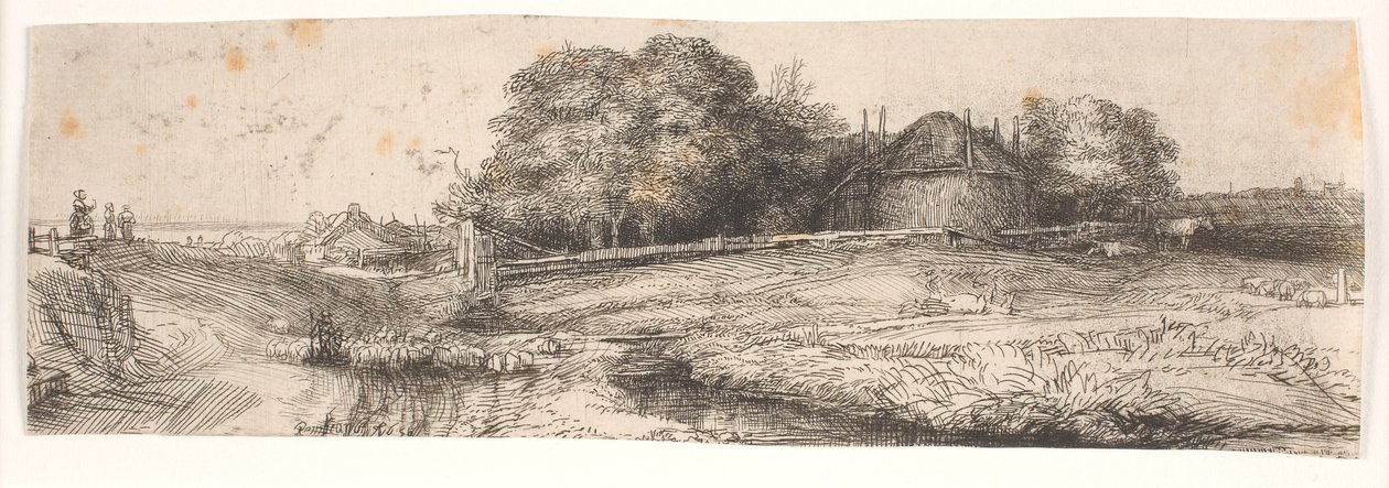Paisagem com um celeiro de feno e um rebanho de ovelhas de Rembrandt van Rijn