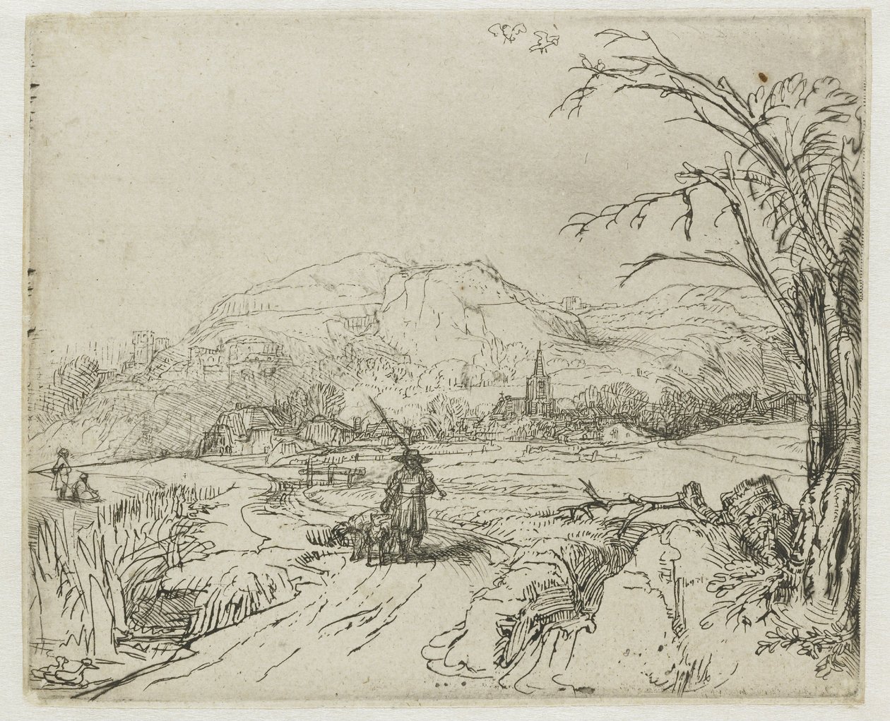 Paisagem com um desportista e cães de Rembrandt van Rijn