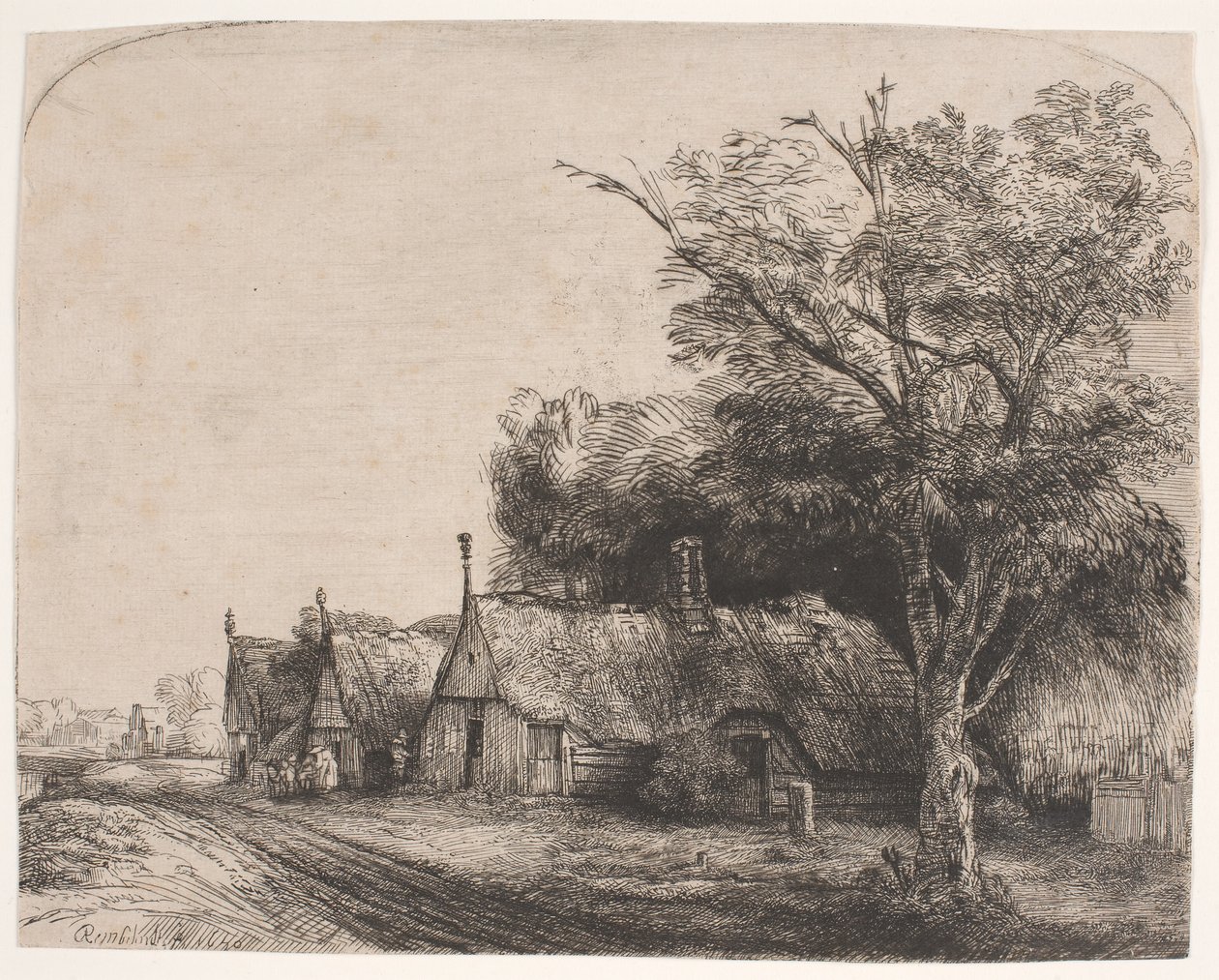 Paisagem com três casas de duas águas ao lado de uma estrada de Rembrandt van Rijn
