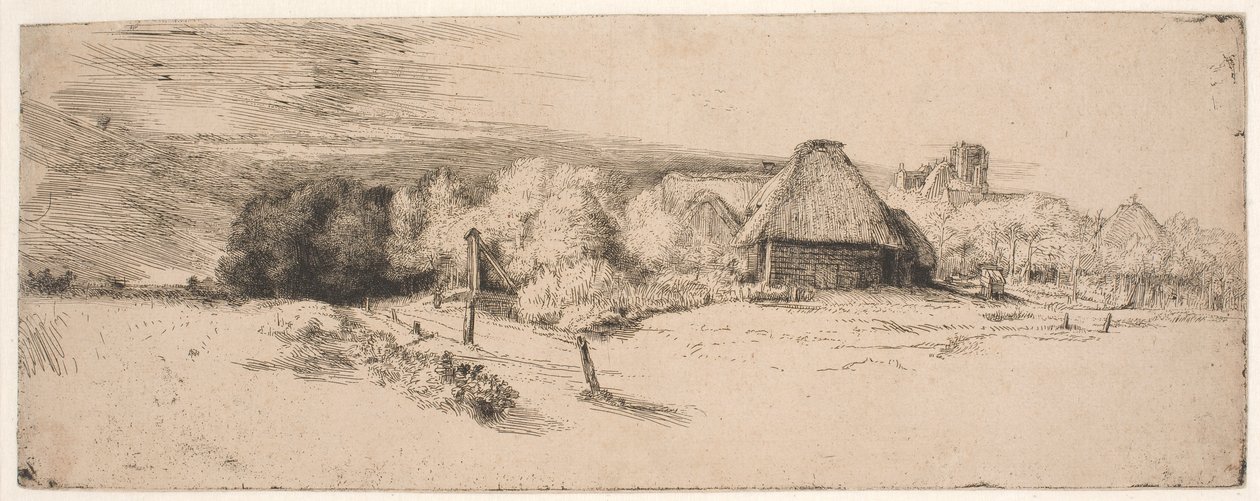 Paisagem com árvores, edifícios agrícolas e uma torre de Rembrandt van Rijn