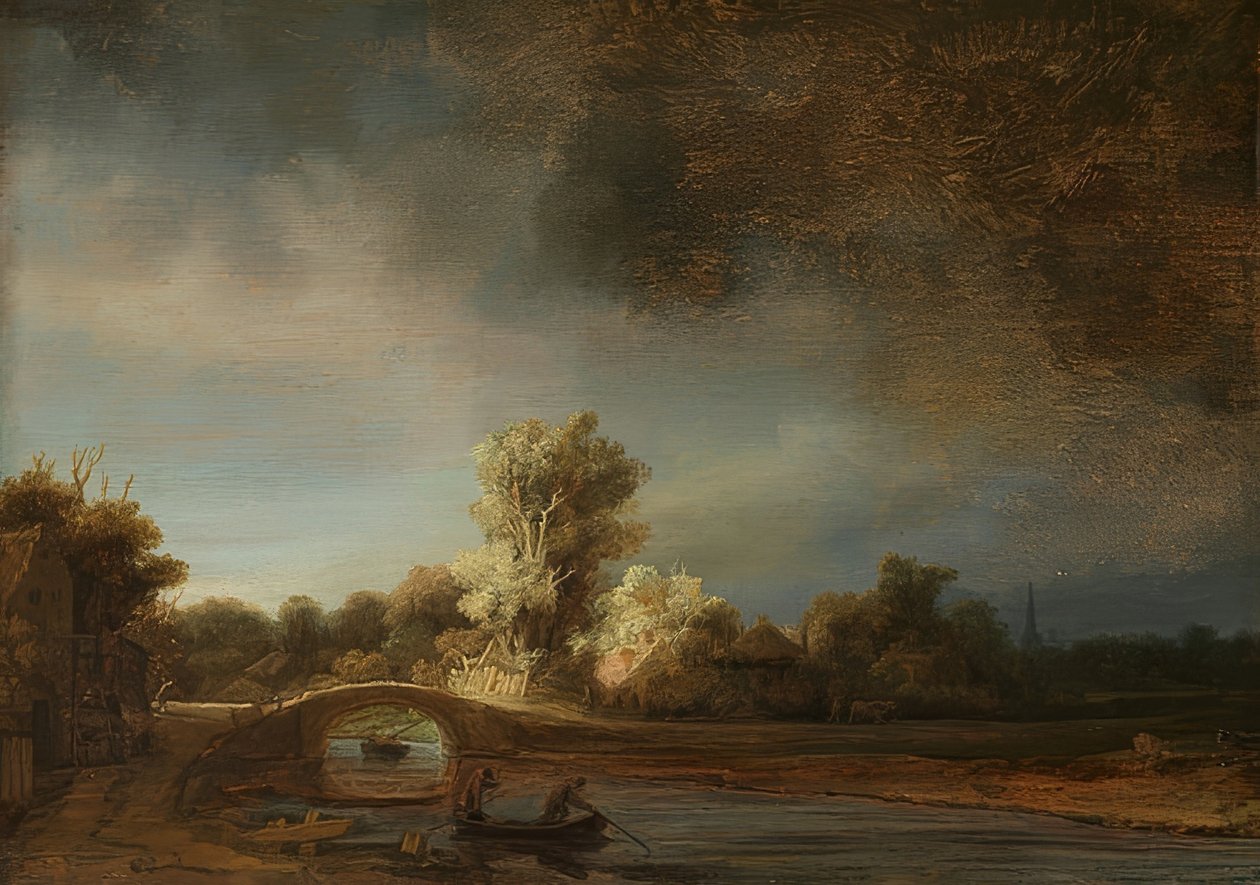 Paisagem com uma ponte de pedra. Por volta de 1638 de Rembrandt van Rijn