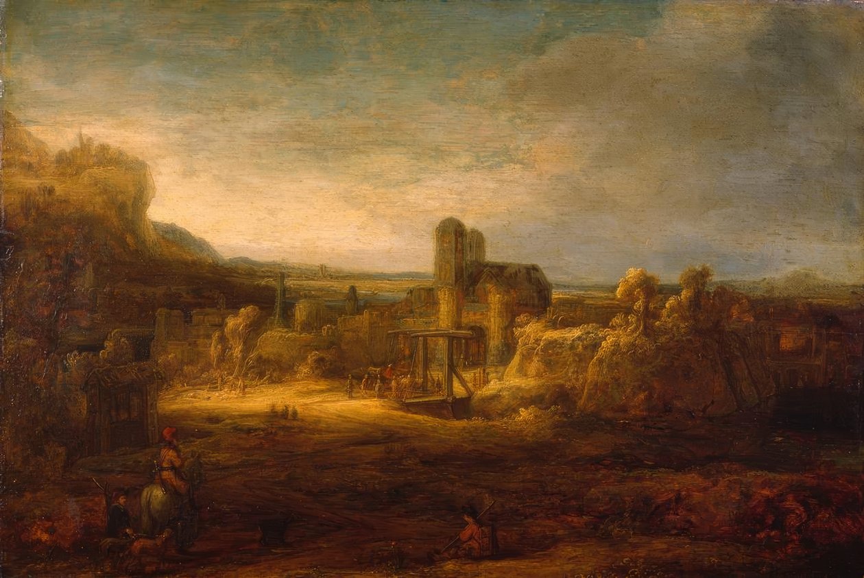 Paisagem com uma ponte levadiça de Rembrandt van Rijn