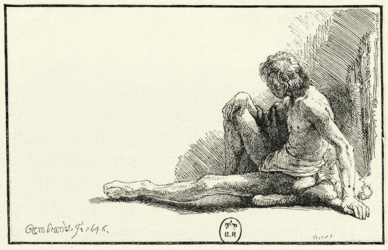 Nu masculino, sentado no chão de Rembrandt van Rijn