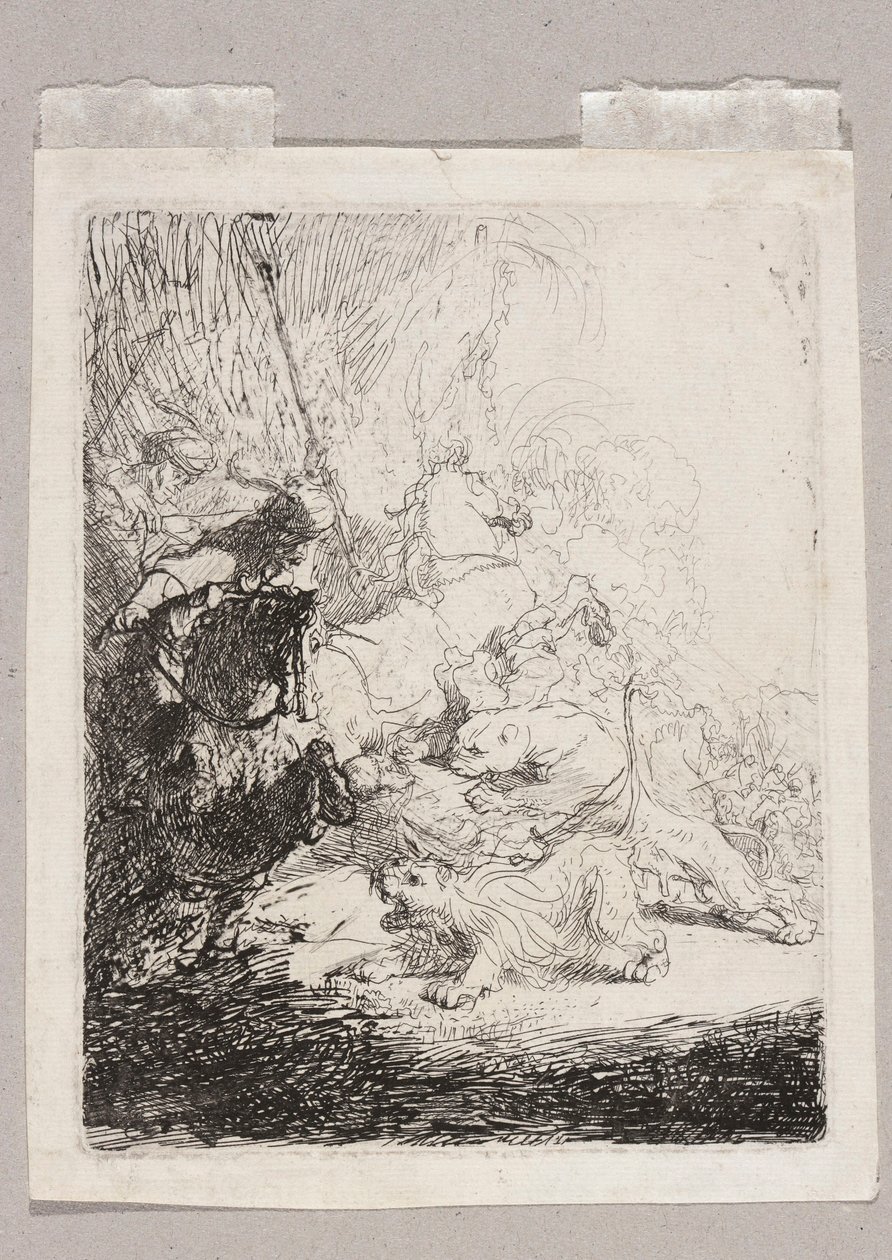 Uma pequena caçada aos leões (com dois leões) de Rembrandt van Rijn