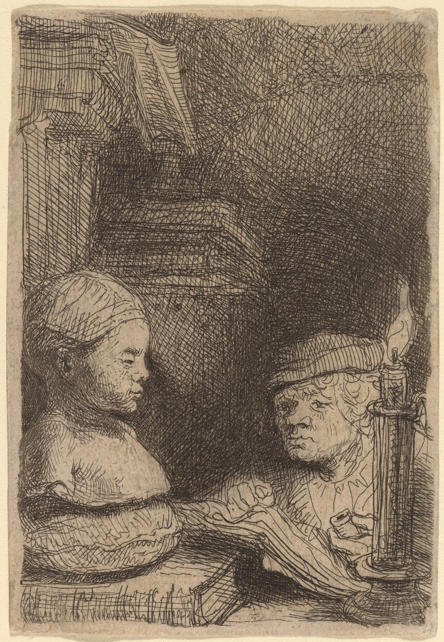 Homem desenhando de um elenco de Rembrandt van Rijn