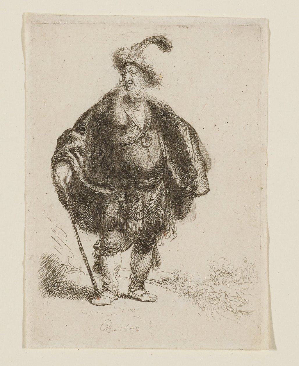 Homem de pé, com traje oriental e gorro de pele com plumas de Rembrandt van Rijn