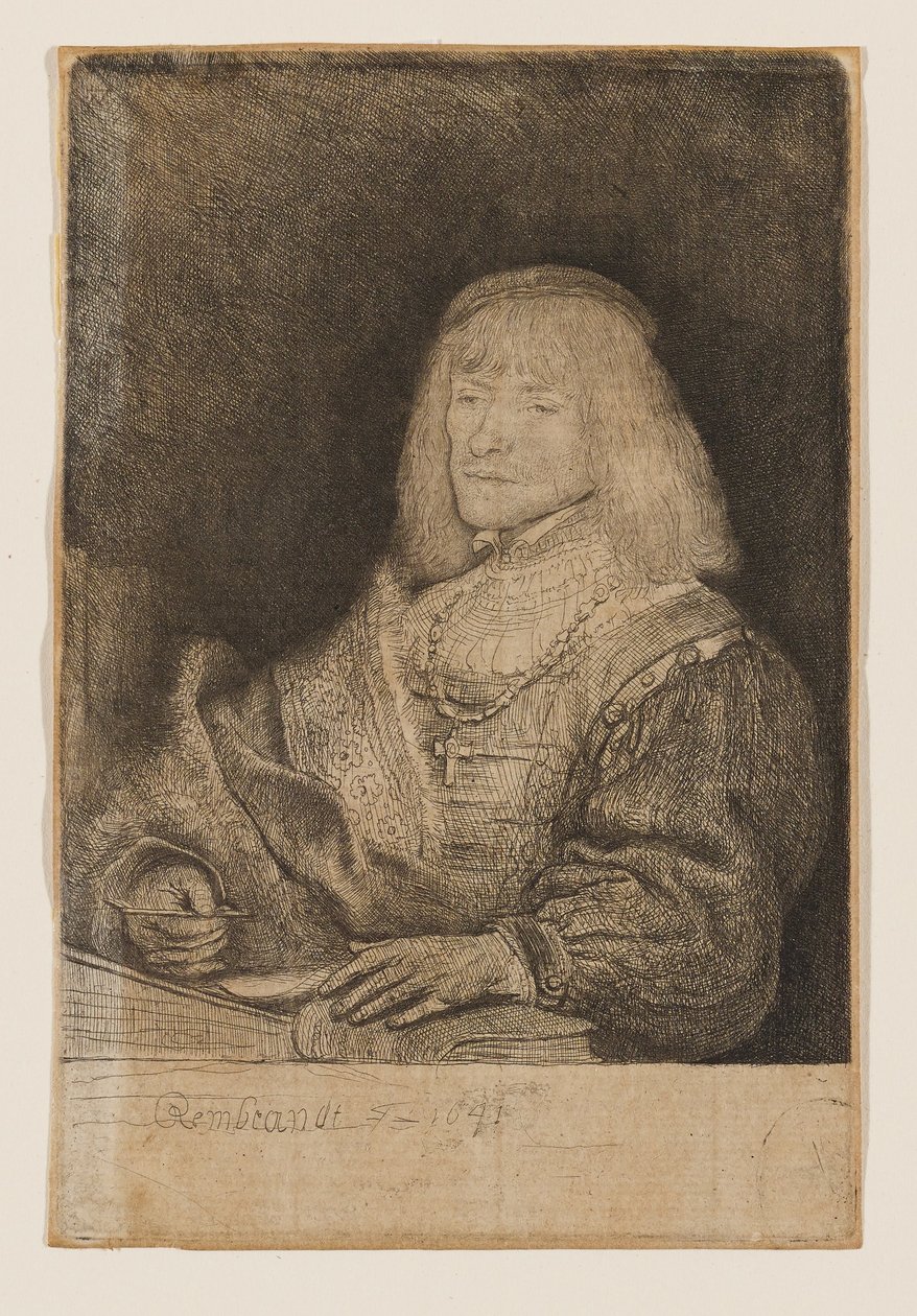 Homem sentado à secretária, a usar uma cruz e uma corrente de Rembrandt van Rijn