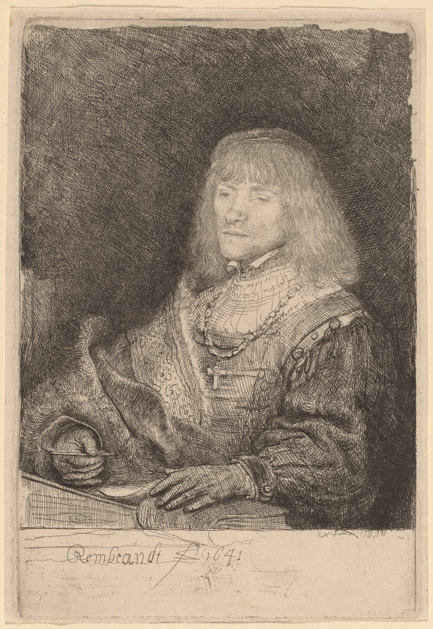Homem em uma mesa usando uma cruz e corrente de Rembrandt van Rijn