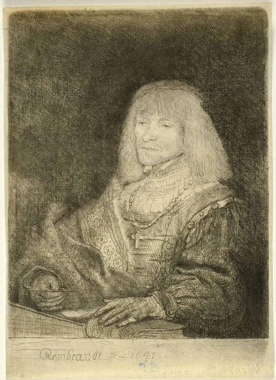 Homem em uma mesa usando uma cruz e corrente de Rembrandt van Rijn