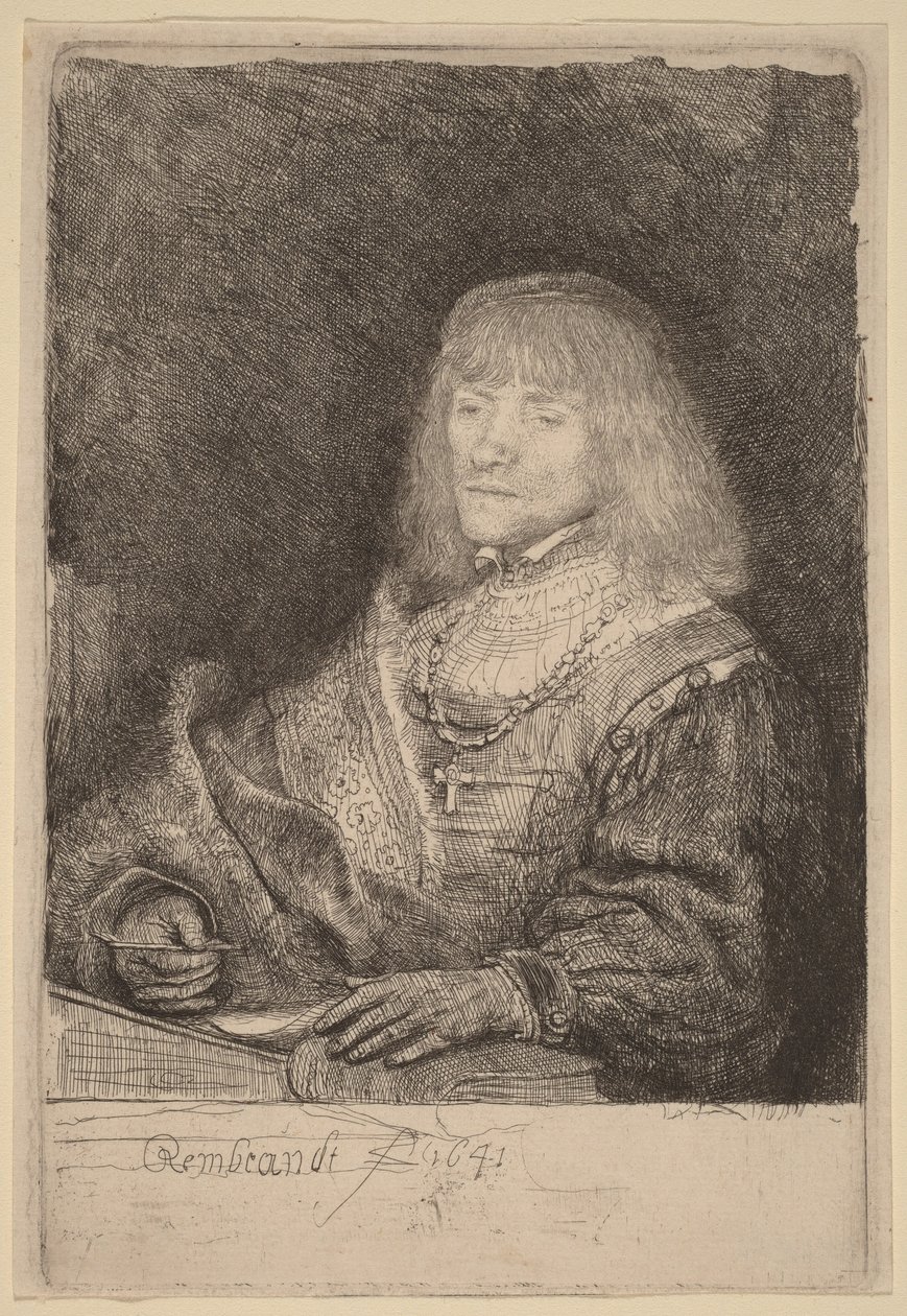 Homem sentado à secretária, a usar uma cruz e uma corrente de Rembrandt van Rijn