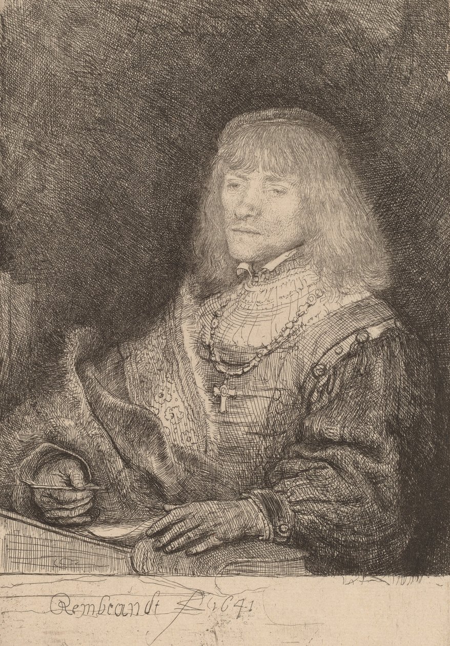 Homem em uma mesa usando uma cruz e corrente, 1641. de Rembrandt van Rijn
