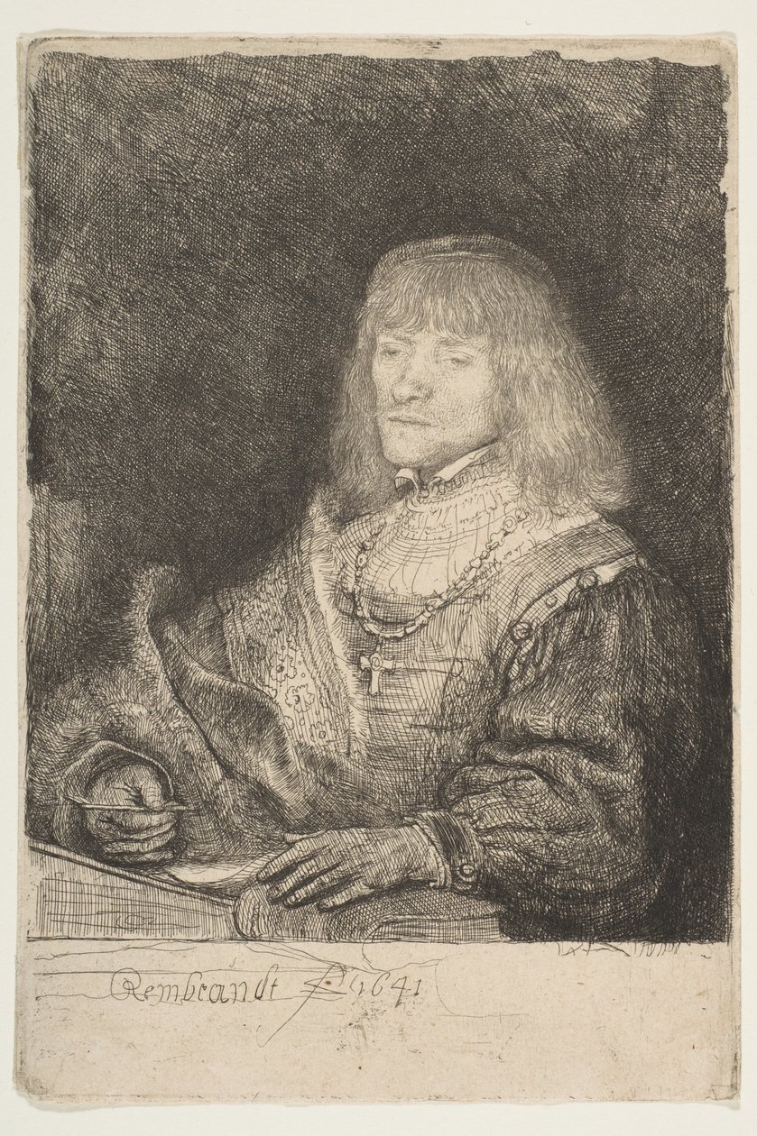 Homem em uma mesa usando uma cruz e corrente, 1641. de Rembrandt van Rijn
