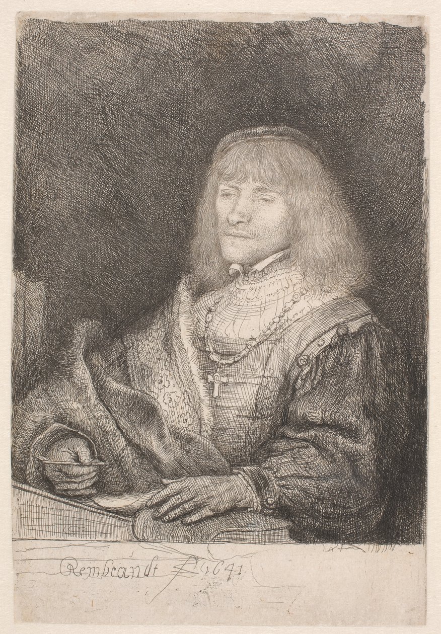 Homem sentado à secretária, a usar uma cruz com corrente de Rembrandt van Rijn