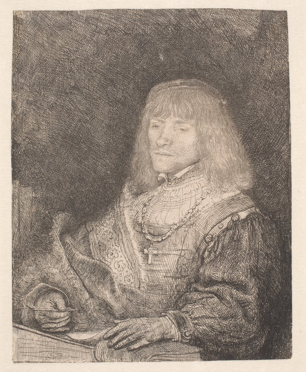 Homem sentado à secretária, a usar uma cruz e uma corrente de Rembrandt van Rijn