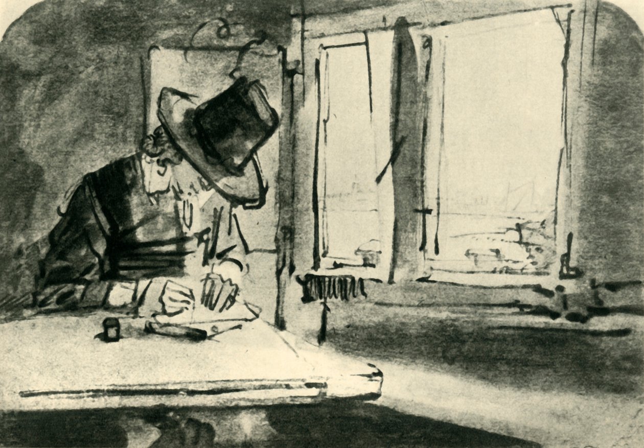 Desenho do homem na janela, meados do século XVII, 1943. de Rembrandt van Rijn