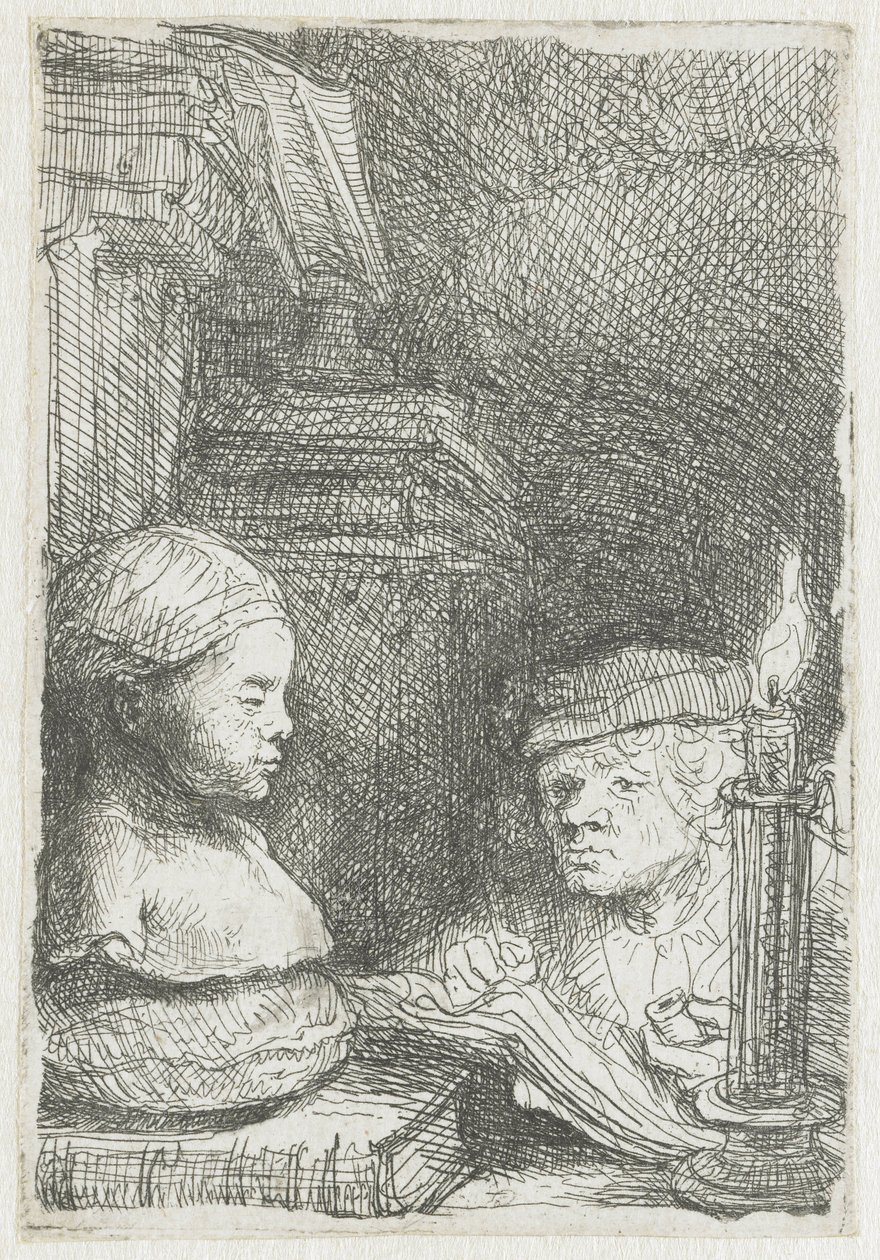 Homem a desenhar a partir de um elenco de Rembrandt van Rijn