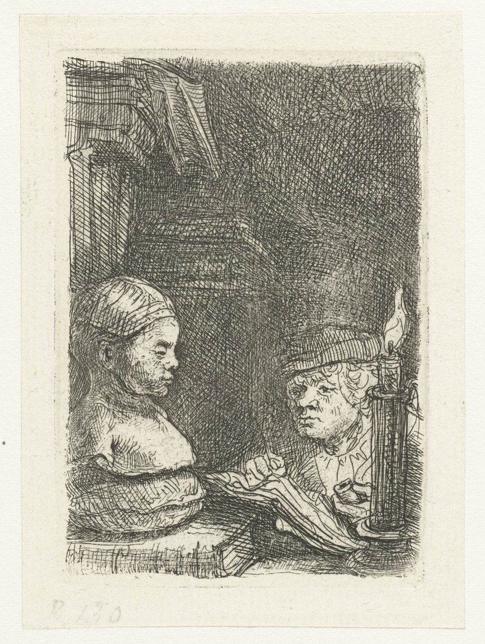Homem a desenhar a partir de um molde de Rembrandt van Rijn